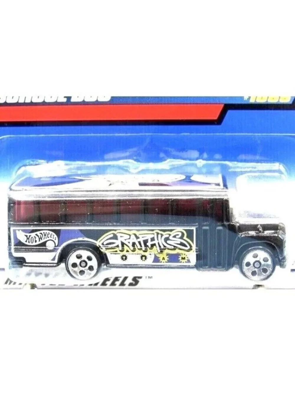 Vintage Die Cast Hot Wheels 1999 SCHOOL BUS #1055 Black Graphics 5 Hole Mattel